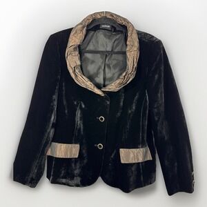 Basler Womens Black Velvet Blazer Jacket Bronze Taffeta Ruffle Collar Sz 8-10